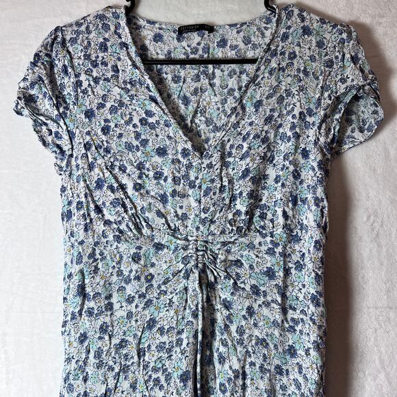 Cotton On Women small Floral Ruched Mini Dress Short Sleeve Blue White romantic - Picture 6 of 6